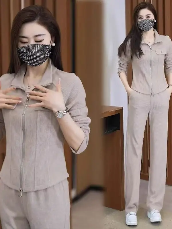 

Комплект повседневной спортивной одежды для похудения для женщин больших размеров: осень-весна 2025, новинка, брюки с высокой талией и широкими штанинами, комплект из двух предметов