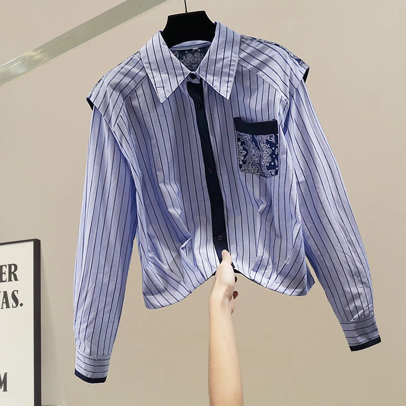 

Faionable Heavyweight Print Collar Fake Two-Piece Long Sve irt Design Versatile Loose Personali Women's Trendy Top