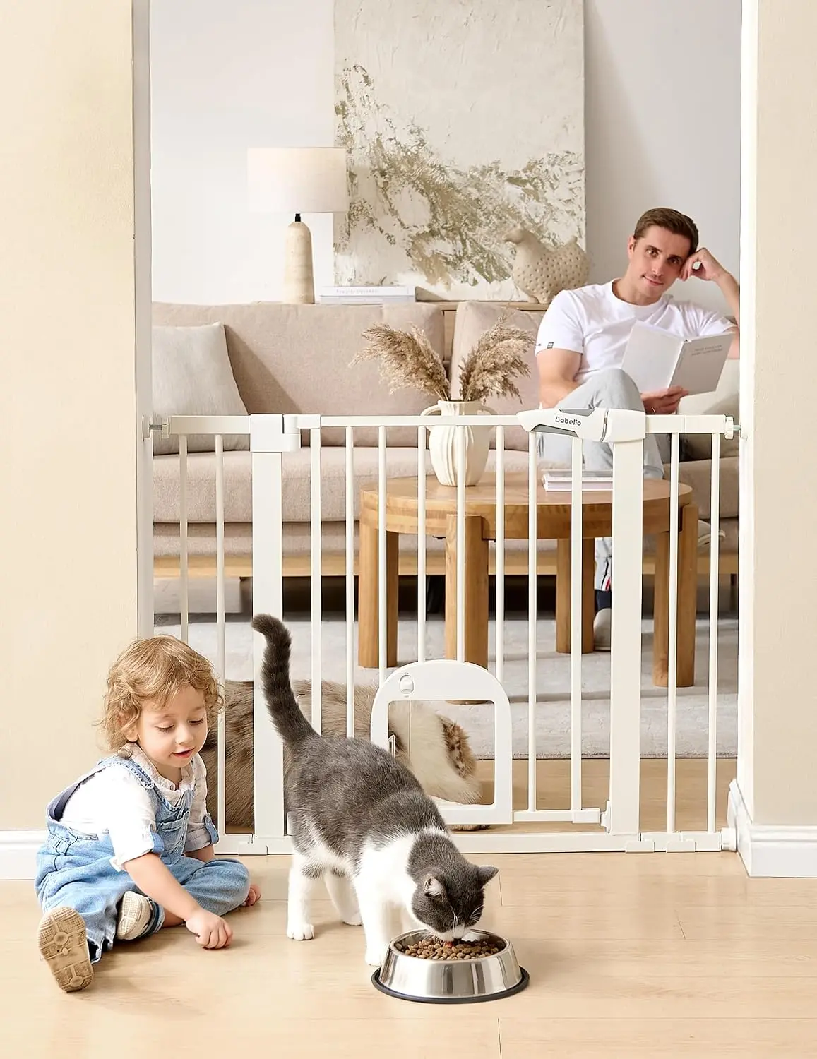 Adjustable Baby Gate Cat Door Auto Close Pressure Mounted No Drilling Dual Lock Walk Thru Stairs Doorways House White 29 43