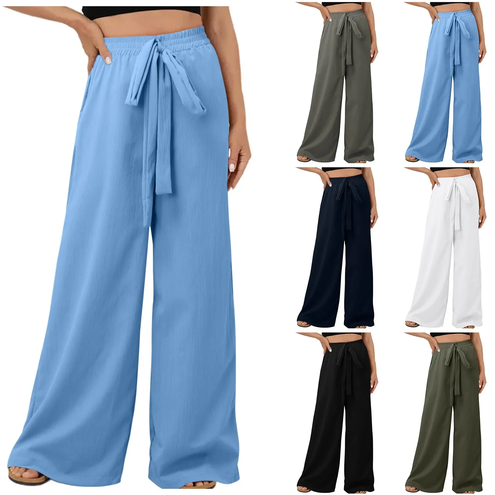 2024 Spring Summer Straight Loose Drawstring Trousers Casual Pants Fashion Office Lady Solid Loose High Waist Long Pants