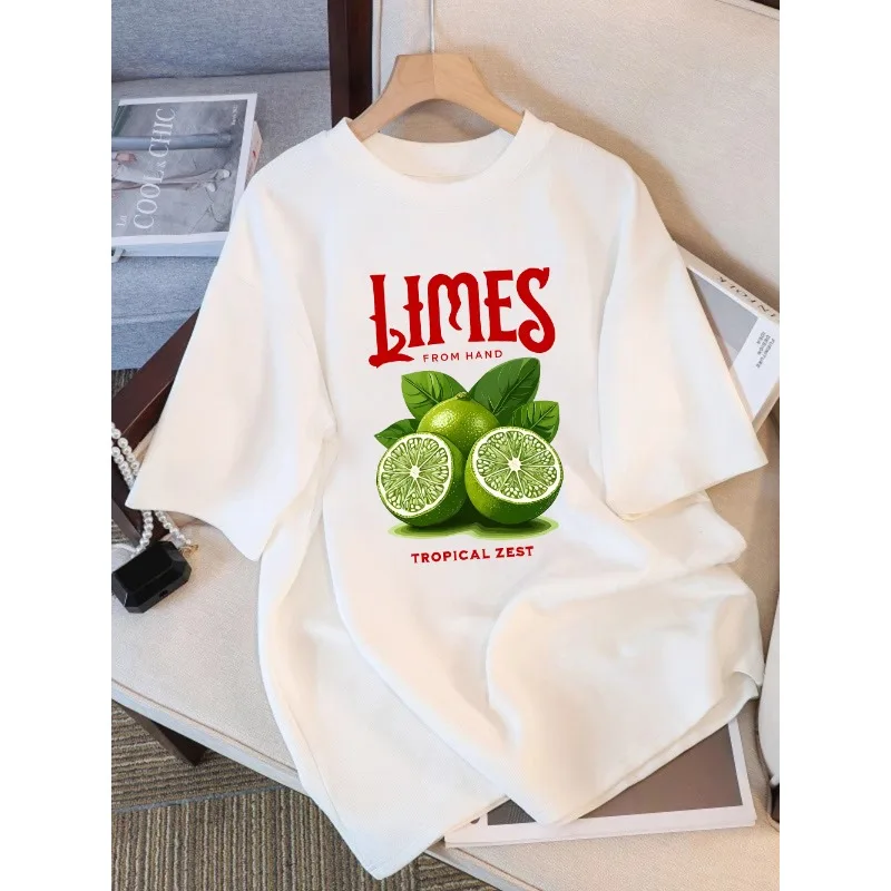 

Women T-Shirt Summer Lemons From Hand Tropical Fruit Print Short Sleeve Loose O-Neck Soft Comfortable Tops Basic Clothes Summer