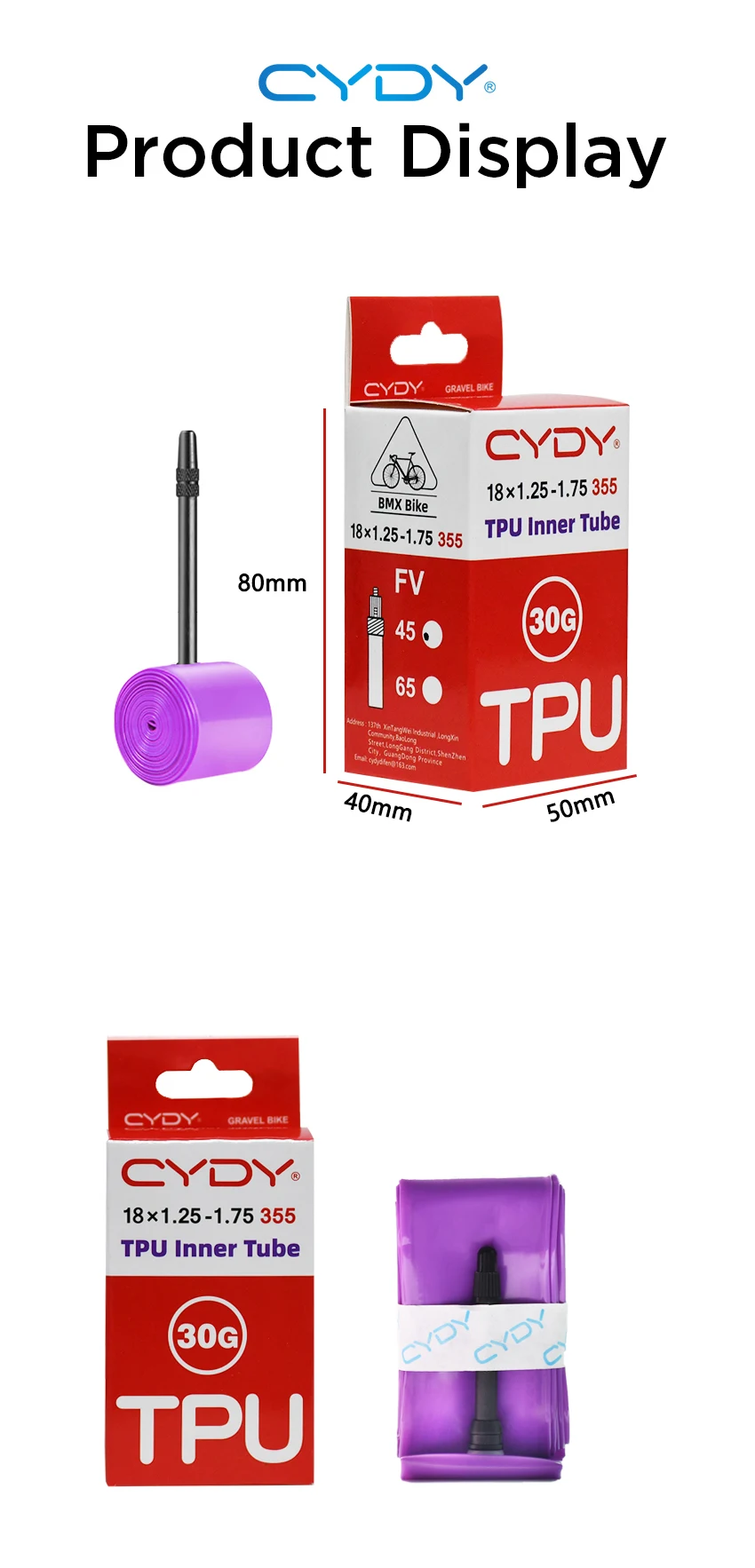 30G CYDY Fahrrad-TPU-Schlauch mit Ventil 45mm für 18 Zoll (355) 1.25, 1.35, 1.4, 1.5, 1.6, 1.75 Zoll BMX-Fahrradreifen – Detail 8
