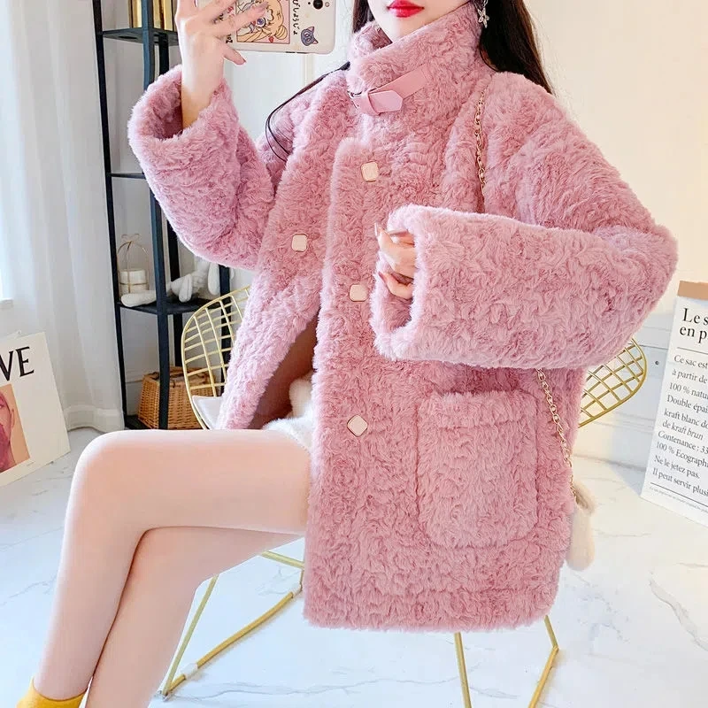 Thick Imitate Fur Jacket Female Autumn And Winter 2024 New Style Korean Loose Wild Lamb Hair Short Coat Green Button Outwear