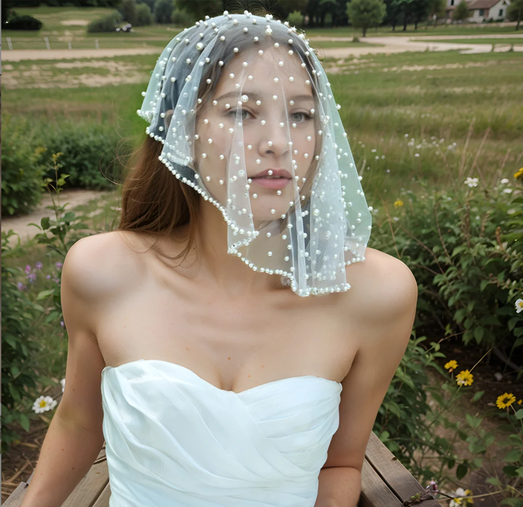 Velos cortos de novia para accesorios para el cabello de boda, colorete con cuentas de perlas de lujo, cubierta para la cara, velos de catedral, tocado de novia