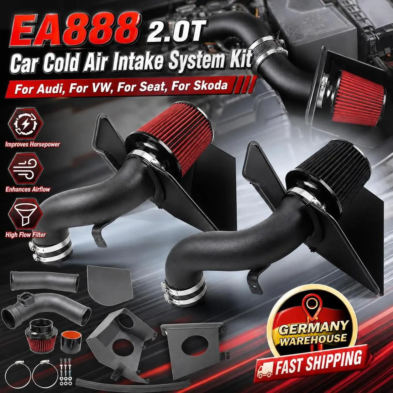 Image of EA888 2.0T Auto-Tuning-Teile Kaltluftansaugsystem-Kit Rohr Luftfilter ​ Für Audi A3 Q3 S3 SQ2 TT Für VW Golf GTI MK7 Passat ​ Für Seat Leon Ateca Cupra ​ Für Skoda Karoq Octavia Superb