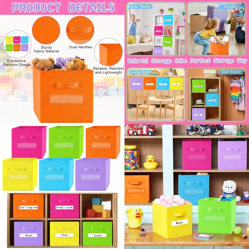 

11 Inch Fabric Storage Cubes, Durable & Colorful Bins with Label Window, Foldable for Kids' Clothes, Toys, Books Organization