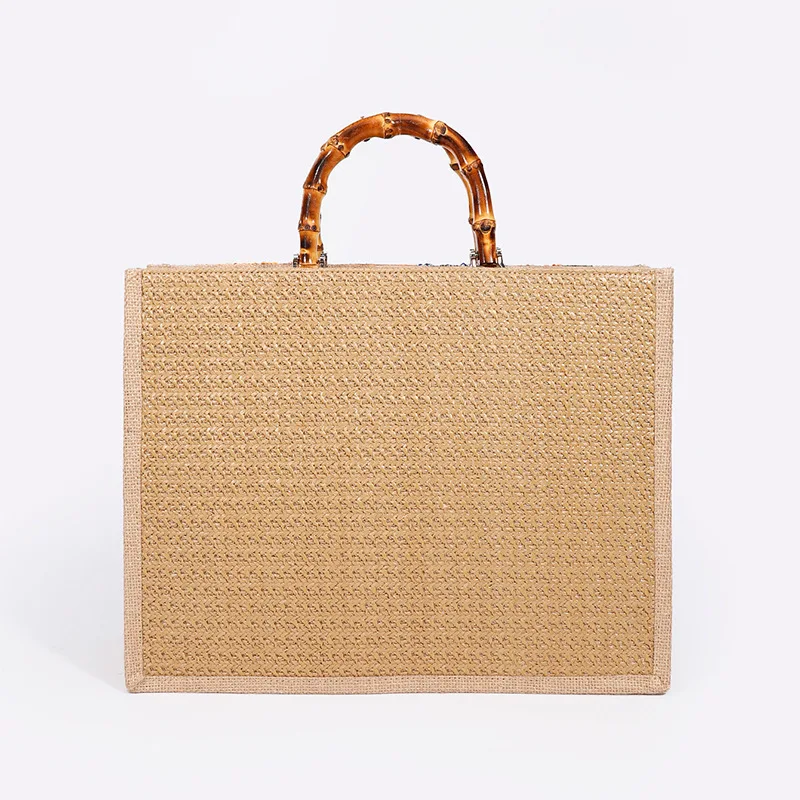 Vintage Bamboo Handle Women Handbags Sequins Embroidery Tote Bags Casual Linen Large Capacity Summer Beach Bag Big Female Purse