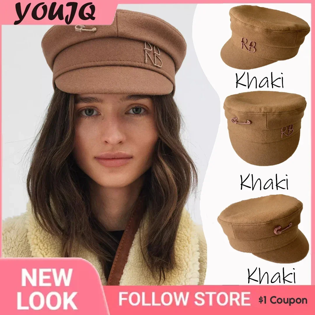 

Brand Designer Women Brown Caps Letter Baker Boy Cap Woolen Octagonal Military Newsboy Hat for Spring Autumn Winter Gorra Hombre