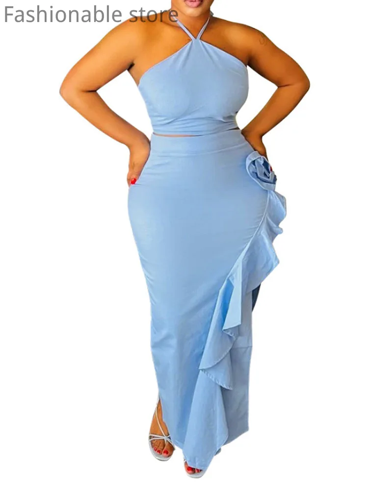 

Женский сексуальный однотонный комплект из 2 предметов, топ без рукавов с лямкой на шее и юбка с высокой талией и цветочным декором, костюм с оборками