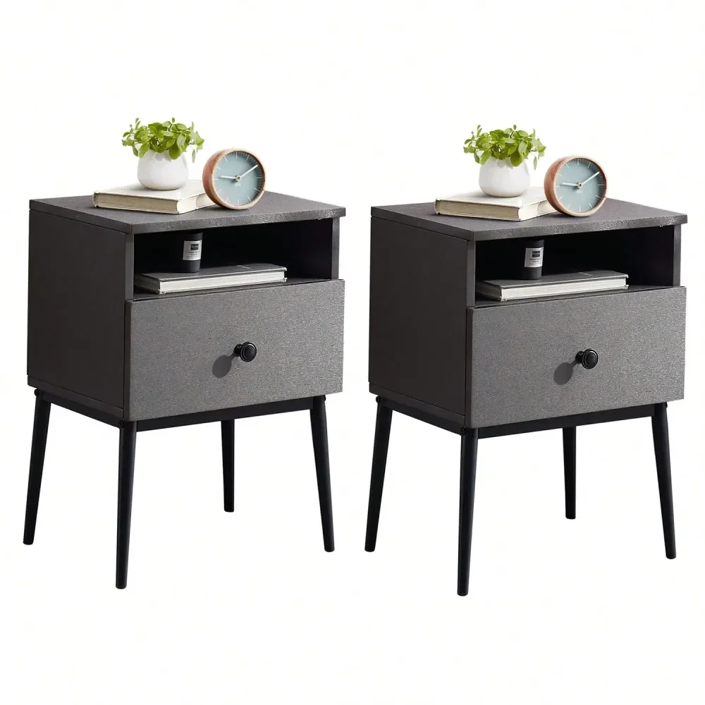 

Nightstand Set Of 2, Bedside Table With Drawer MDF Wood End Table With Storage Shelf For Bedroom,Grey