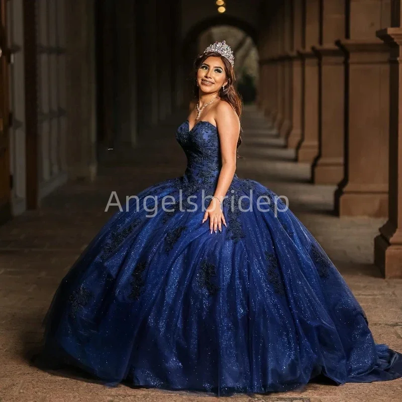 Angelsbride Navy Blue Ball Gown Quinceanera Dresses With Sequined Appliques Beading Evening Party Dress Vestidos XV Años