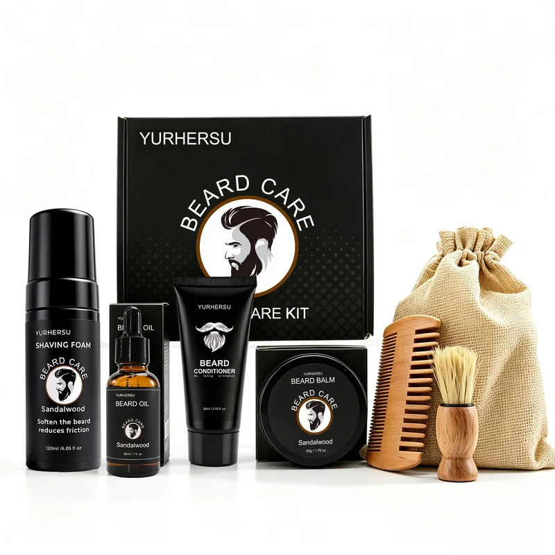 Beard Grooming Kit 7 Pcs Beard Care Set with Comb Brush Scissors Balm Oil for Men Gift