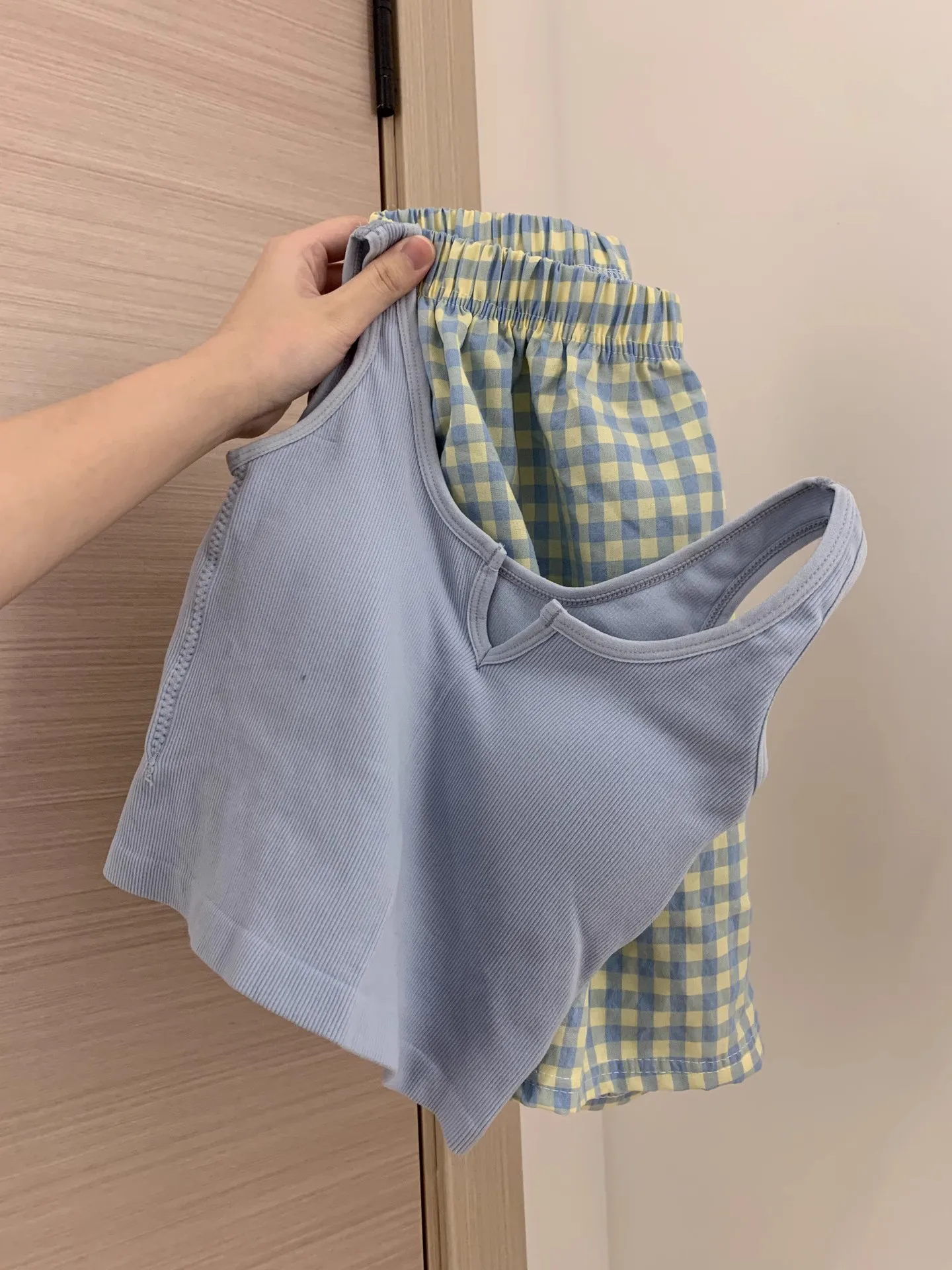 

Корейский женский комплект одежды Sle с накладкой на грудь, новый летний клетчатый жилет, домашняя одежда, уличная одежда, круглая Ne ort Sve