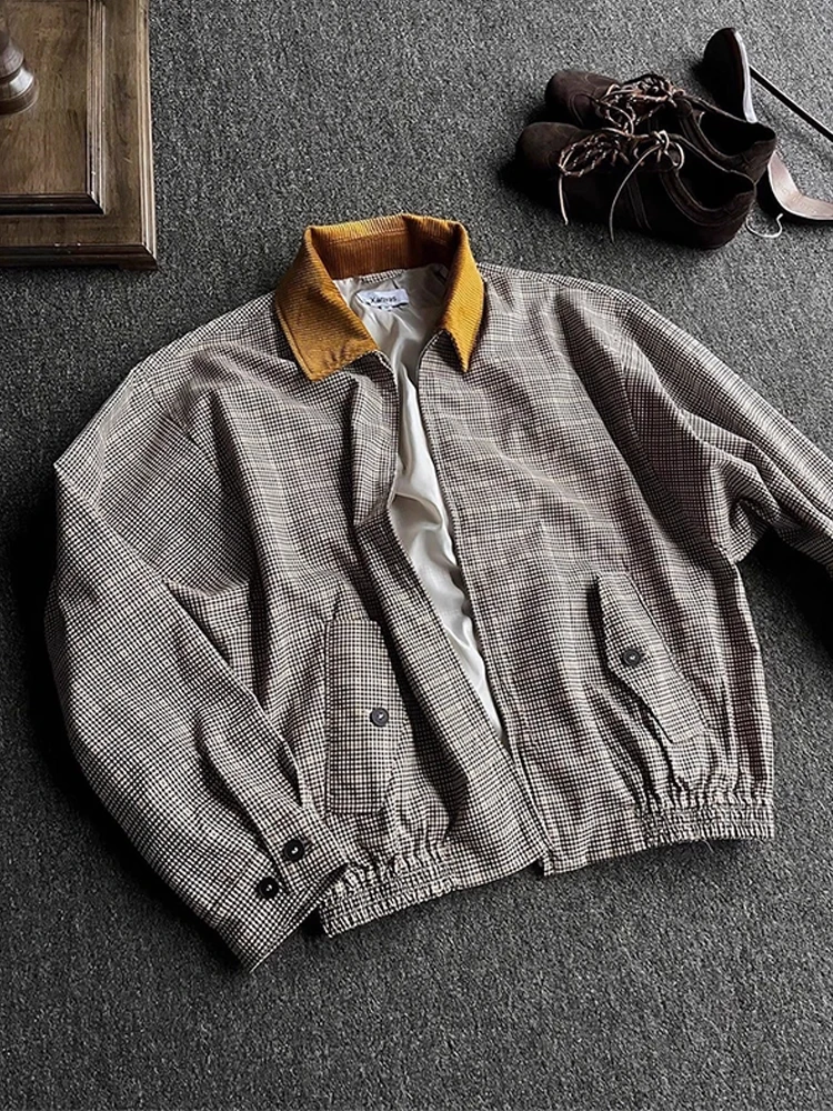 

Harrington Sle Plaid ort Jaet Men's Autumn American Cleanfit Retro Money Sle Casual Loose Fit Polyester Fiber