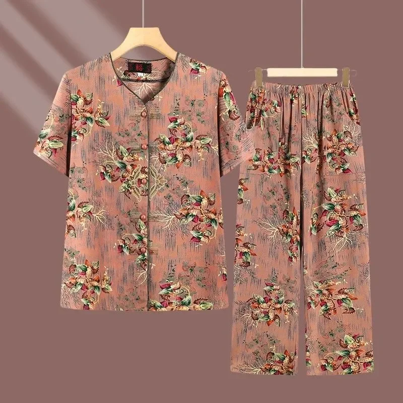 Elderly Women Summer Floral Print Short Sleeve Open Front Shirt and Straight Pants Two Piece Set For Mom Grandma