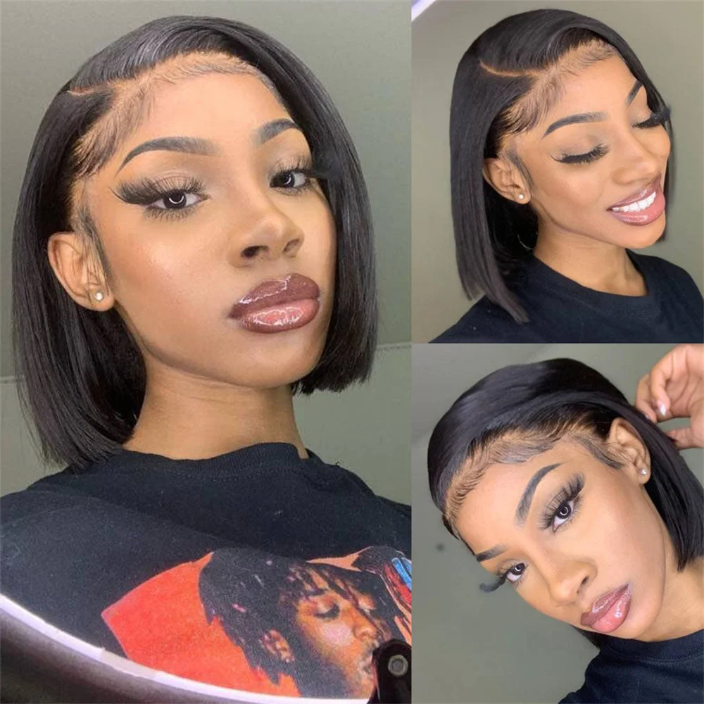 Seitlich geteilte Bob-Perücken, glattes Echthaar für schwarze Frauen, peruanische, vorgezupfte T-Part-Spitzenperücke, 10-12 Zoll kurze Bob-Perücke – Detail 1