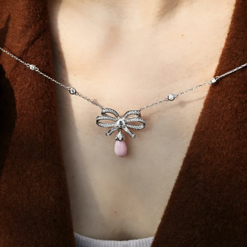 Bellux Bowknot Conch Bead Pink Shell Gemstone S925 Silver Necklace Fashion Daily Wear Pendant