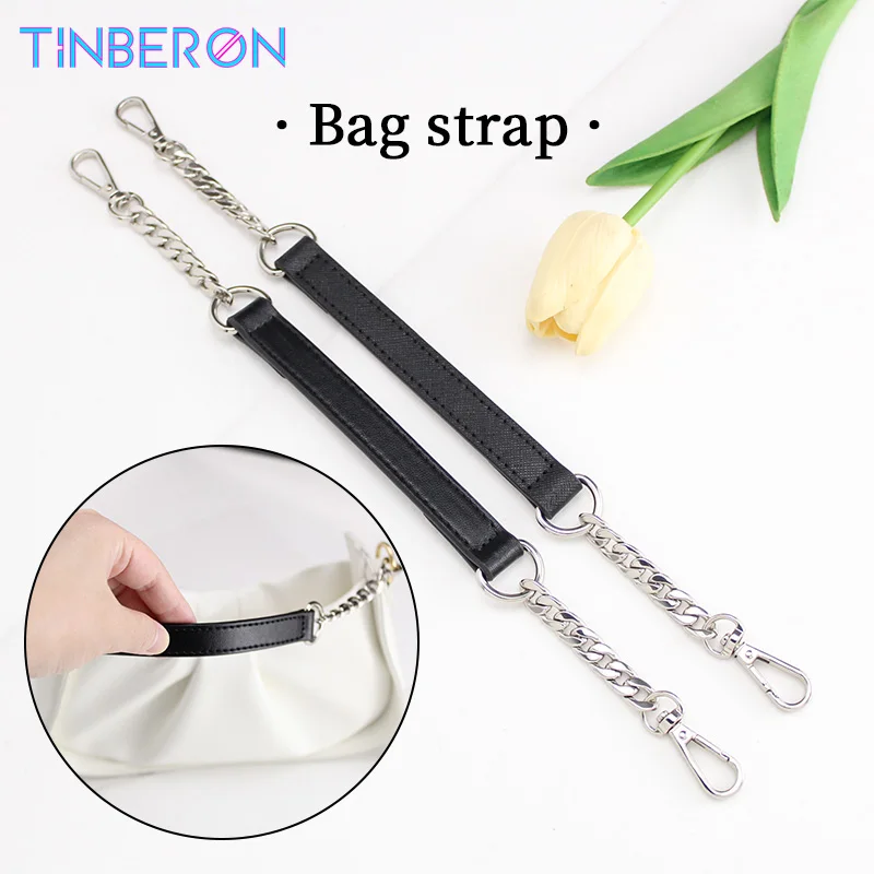 TINBERON Bag Chain Strap Handbag Handle Straps Black Leather Strap Silver Chain Shoulder Underarm Bag Strap Handbags Accessories