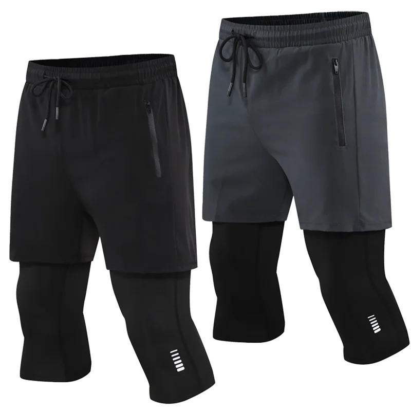

Men Tight Sport 2 in 1 Cropped Pants 2026 Summer Elastic Quick-dry Compression Workout Training Exercise Running Sports Shorts