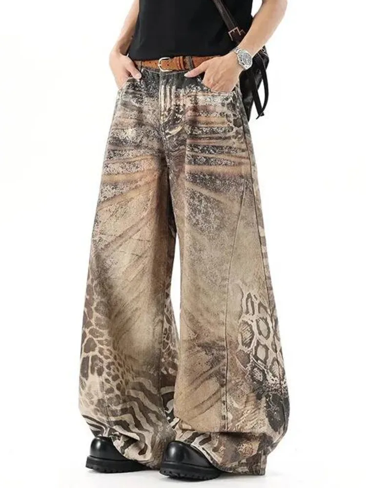 Washed Brown Distressed Leopard Printed Loose Men's Jeans Streetwear Casual Wide Leg Denim Long Pants Summer New MJU8