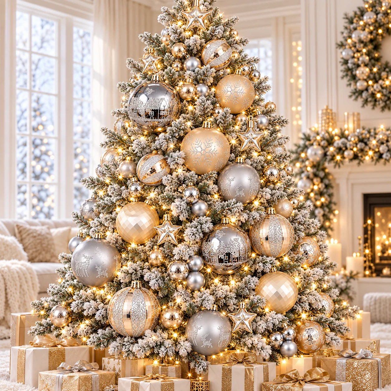 44PCS Christmas Ornament Set, Champagne Silver Gold Balls & Stars, 3cm 6cm Xmas Tree Hanging Decor