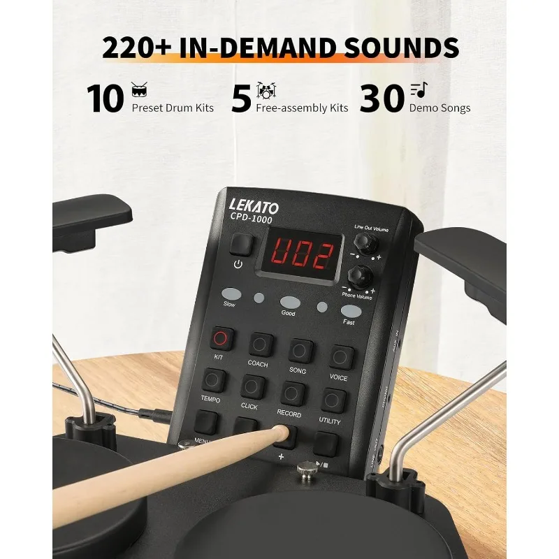 Portable Electric Drum Set for Beginner with Quiet Mesh Snare Drum Pads, 220+ Sounds, USB MIDI, 2 Switch Pedal