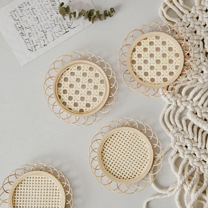 Ins Japanese Handmade Bamboo Woven Cup Mat Hollow Rattan Braided Tea Drink Holder Home Decor Tabletop Protection Gift for Women