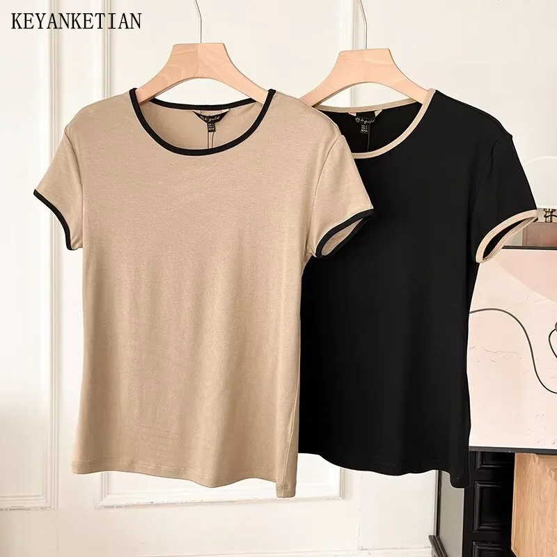 

KEYANKETIAN 2024 New Launch Women's Contrast Color O-Neck Cotton T-shirt Summer Simply Short Sleeve Slim Leisure Tees Pullover