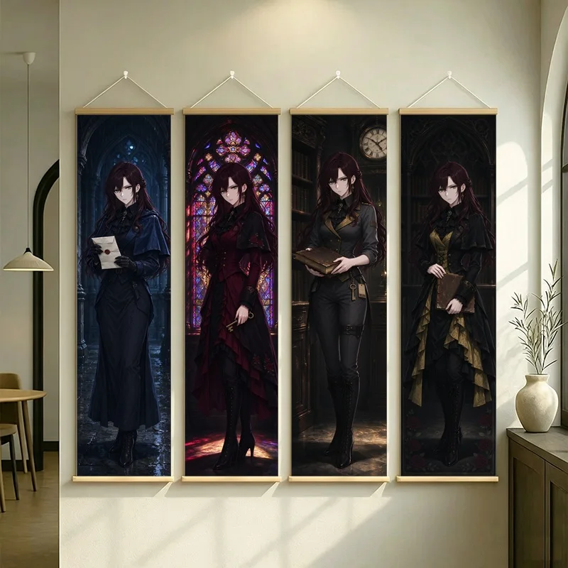 Dark Haired Anime Women Hanging Scroll with Elegant Fantasy Outfits and Ornate Architectural Backgrounds for a Reading Nook