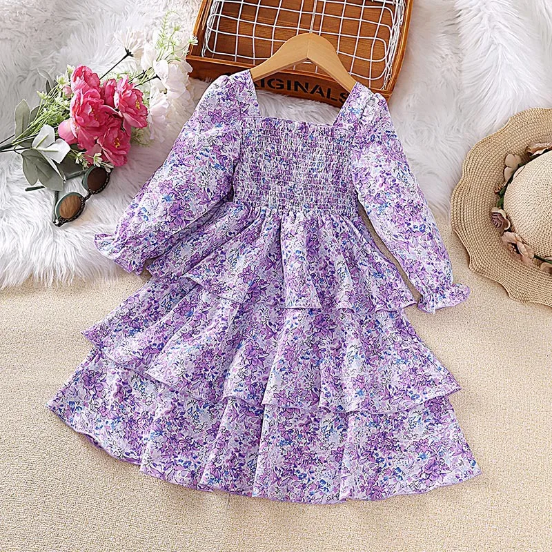 

Laura Kors 2023 Winter New Girls Dress Long Sleeve Ruched Ruffles Print Floral Purple Girls Dress Vestido 4-7T