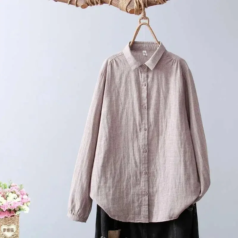 

Хлопковая двухслойная рубашка в клетку для женщин, осенняя, с длинным рукавом, в стиле ретро, мягкая, приятная к телу, топ