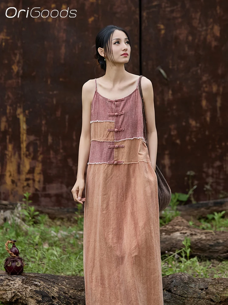 OriGoods Spaghetti Jurk Vrouw 2025, Nieuwe Zomer Lange Jurk Linnen Katoen Patchwork Onderjurk Vrouw Elegante Vestidos B314