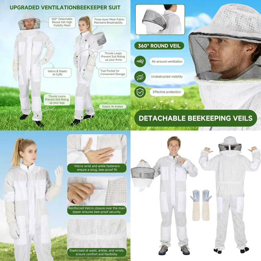 

Улучшенный защитный костюм унисекс от укусов насекомых с перчатками и круглой маской, вентилируемый, размер XL (175-190 см)