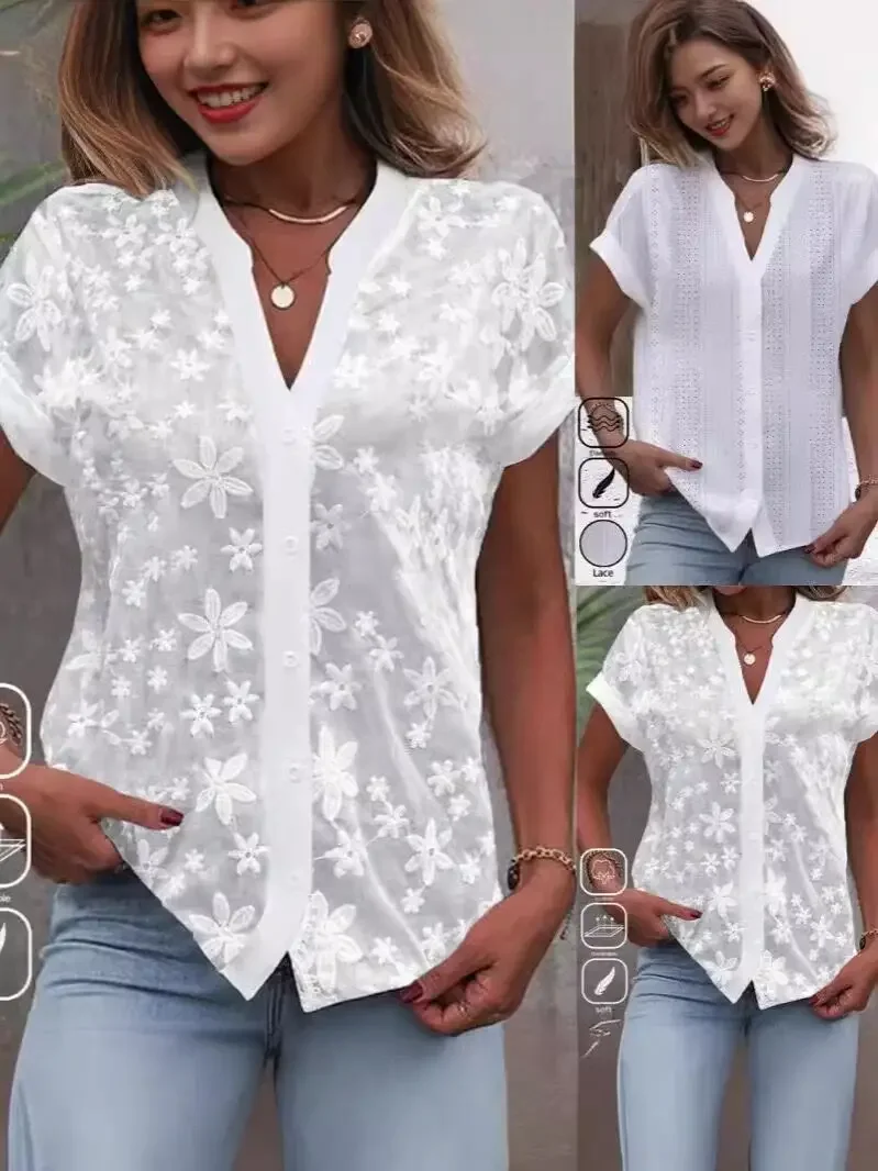 

2024 Summer New Cropped Shirt White Lace Blouse Eyelet Cut Embroidery Top Wear Hollow Out Women Clothing