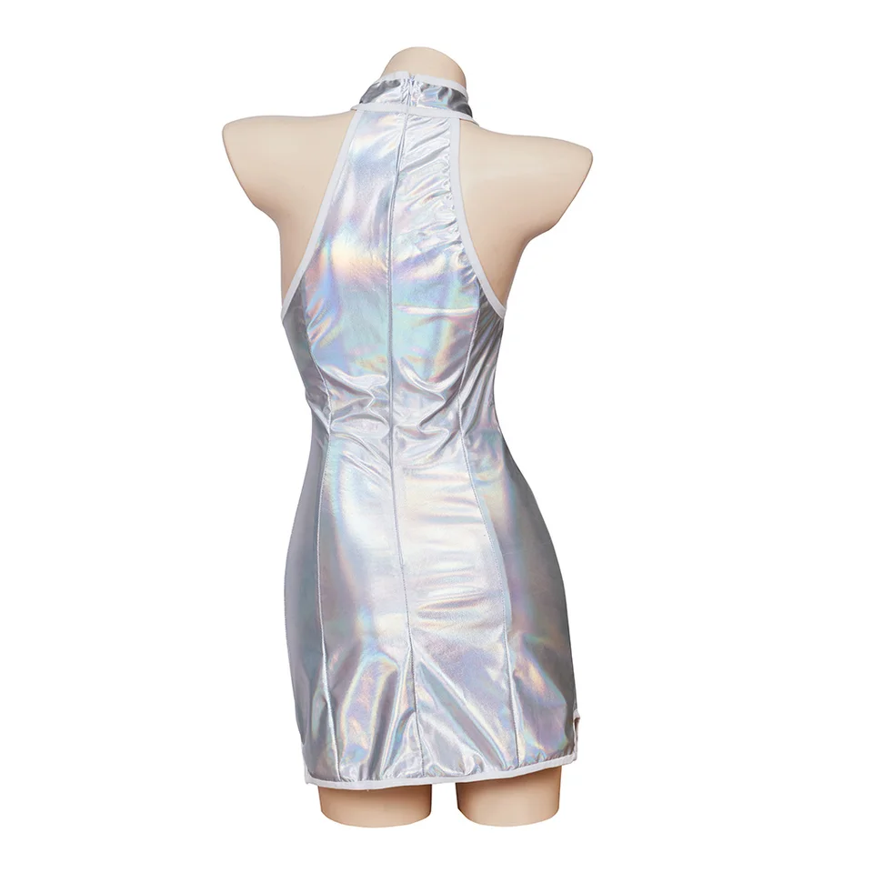 silver mini dress austin powers Austin Powers Vanessa Cosplay Costume Suspender Dress Vanessa Sexy Strappy  Halter Silver Stretch Mini Dress Hallowen Costumes