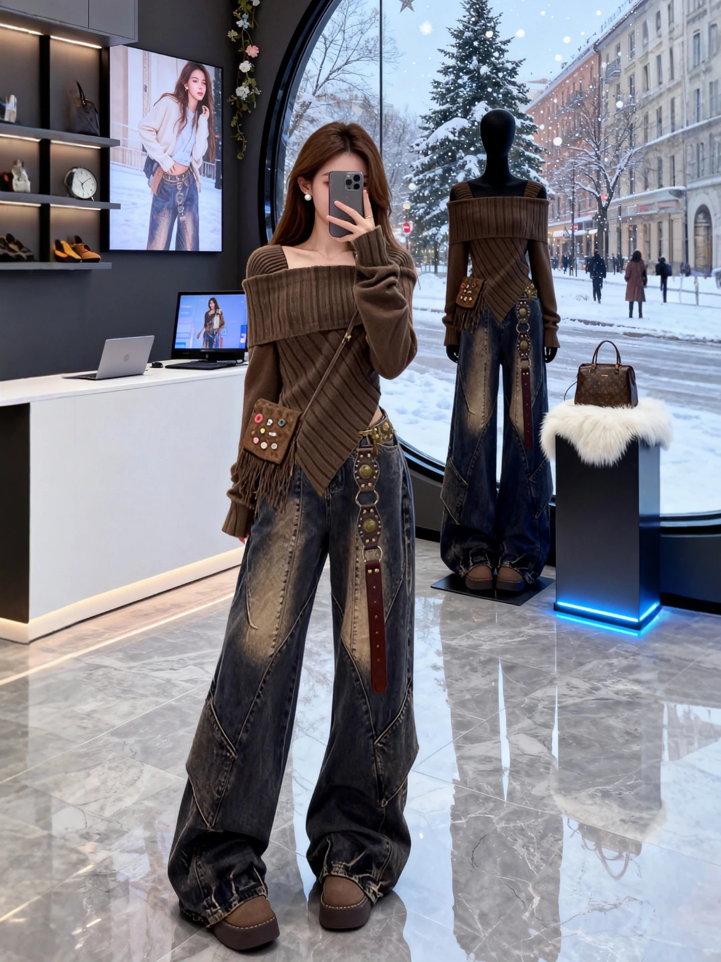 

Winter Vintage Knitted Sweater And Wide Leg Jeans plus Size Women's Uneven Hem Faion Set High Waist Trousers Casual Wear