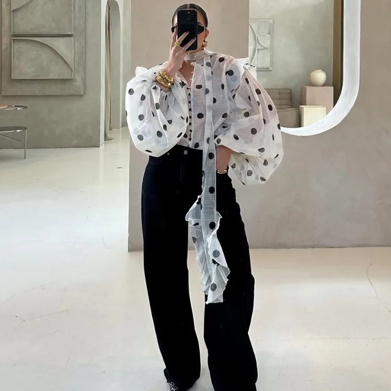 Women's Polka Dot Ruffle Blouse with Lace-Up Neck and Sheer Detail