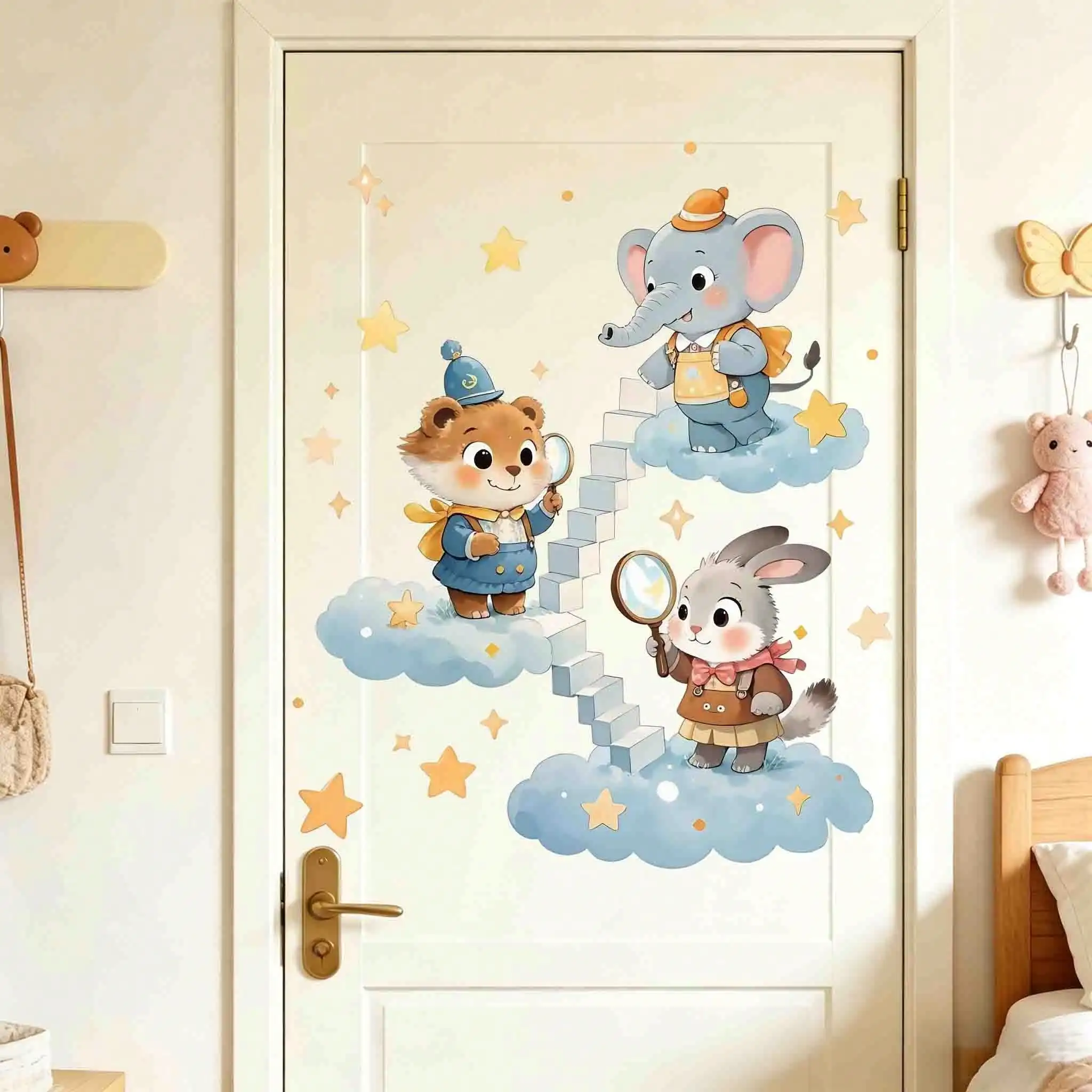 Cloud staircase small animal wall stickers watercolor cartoon bear/elephant/rabbit children's room bedroom wall decoration self-