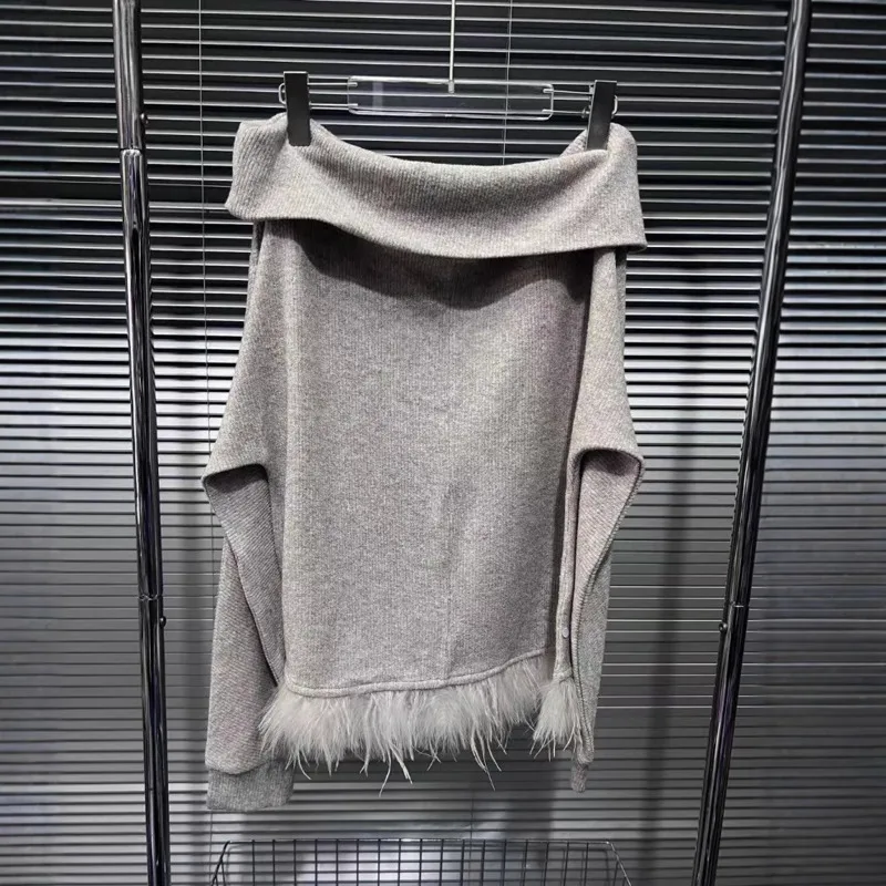 DEAT-Pull à paillettes gris pour femme, col slash, Plumes épissées, Nouvelle mode, Hiver, 33A2243, 2024