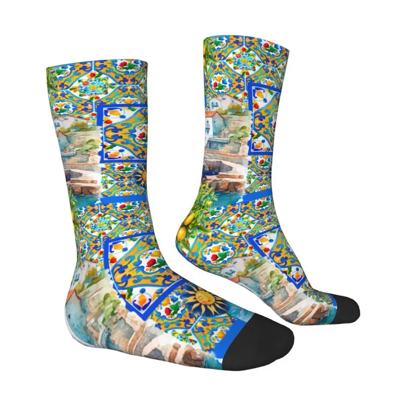 Custom Cool Mediterranean Summer Fruit Lemons Italian Tiles Socks Women Men Warm 3D Printing Sports Football Socks