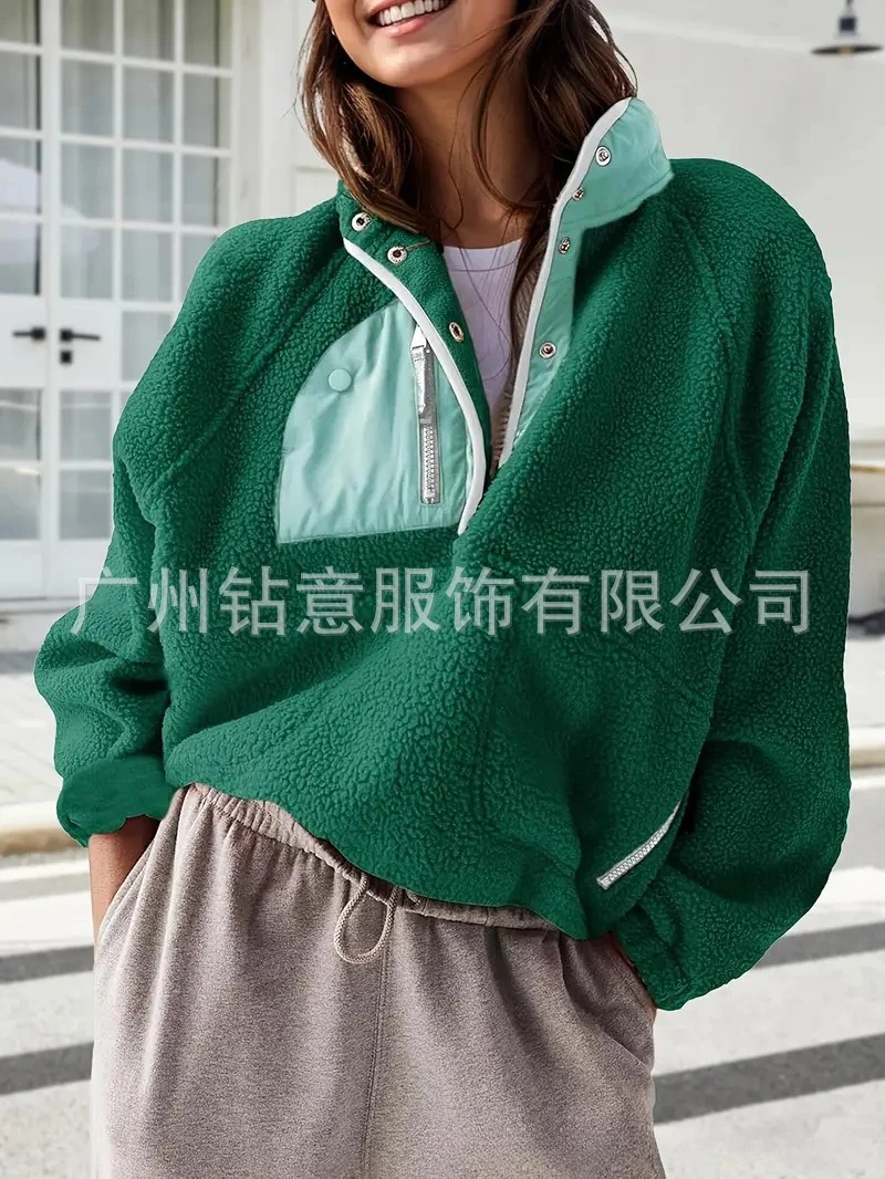Fall Winter Loose Fashion Versatile Warm Top Women's Multi Pocket Fuzzy Pullover Color Block Half Open Collar Zipper Sweatshirt