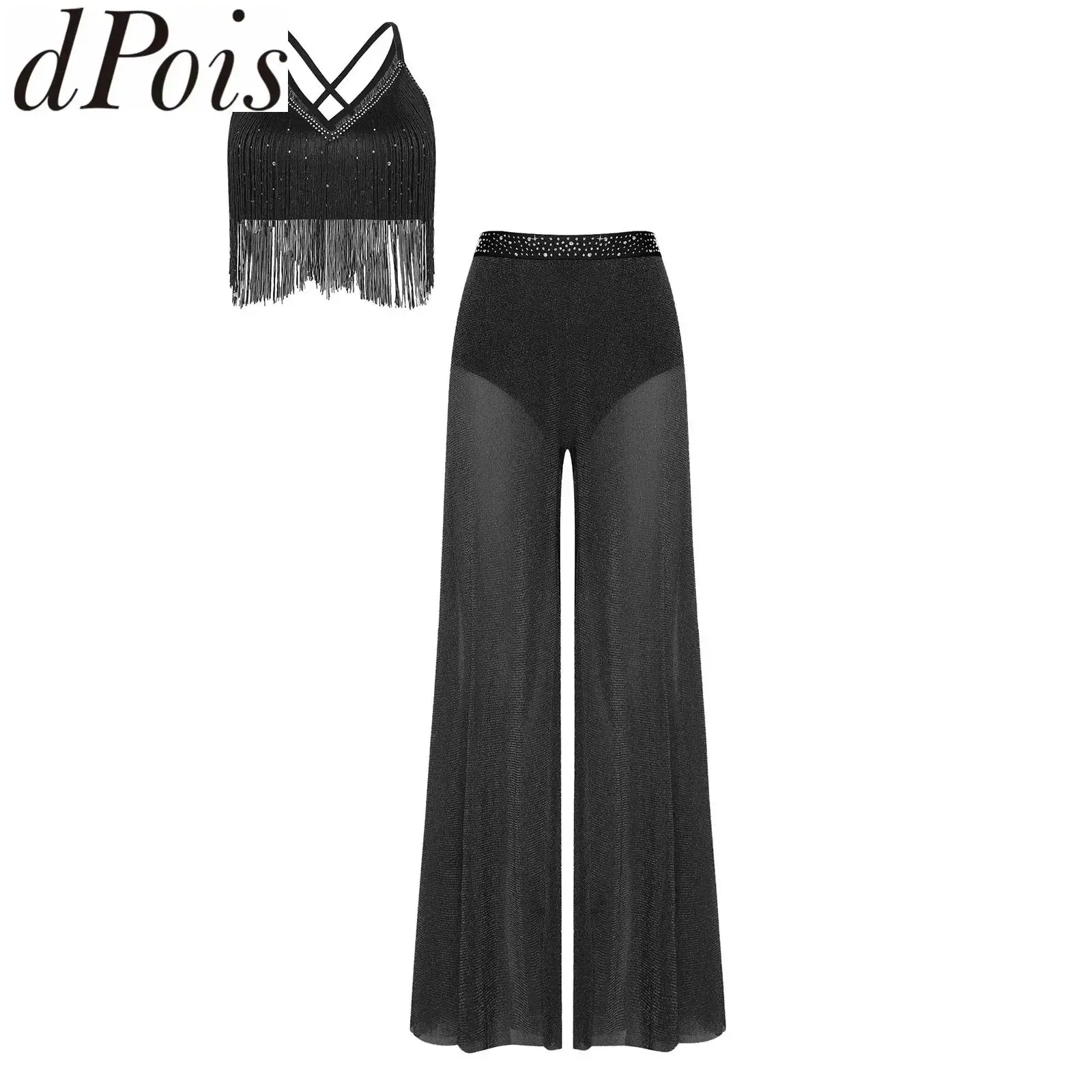 Women Belly Lyrical Dance Outfits Gymnastic Modern Dancewear Set Sleeveless Fringed Crop Top And Mesh Pants with Built-in Briefs