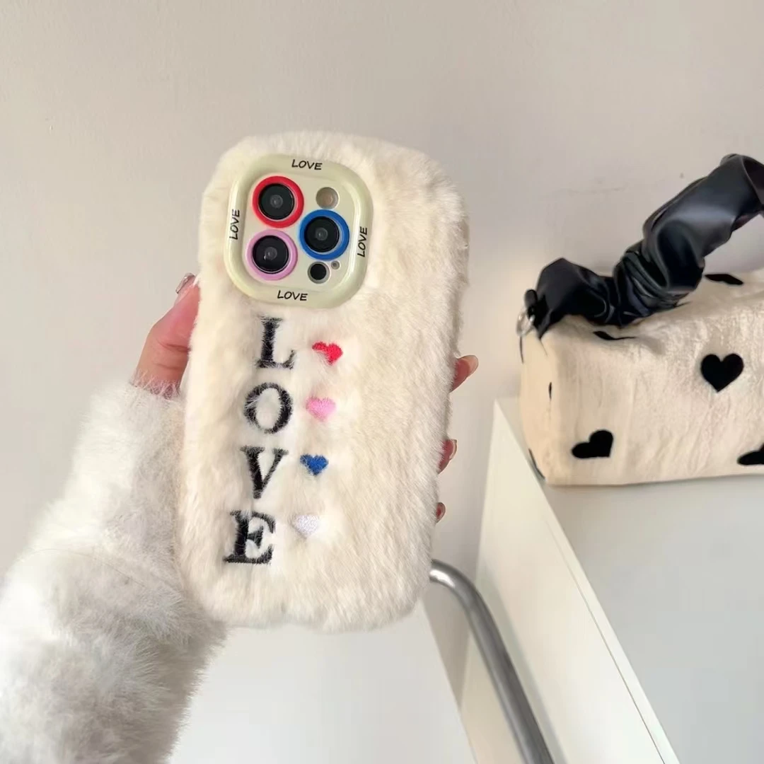 Plush Love Heart Embroidered Soft Fur Phone Case Cover Unique Design Puff Holder for iPhone 11 12 13 14 15 16 pro plus Max