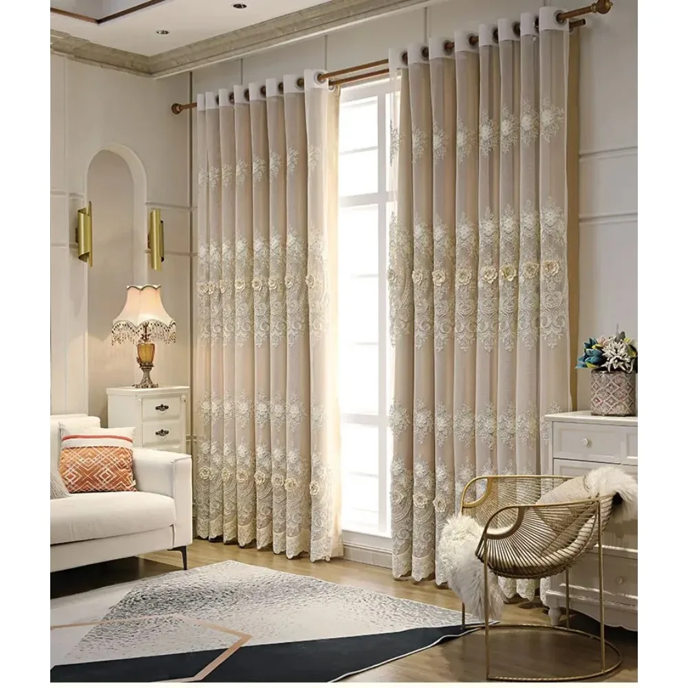 3D Embroidery Lace Window Screen Gold High-precision Curtains Living Room Bedroom Customized Balcony Bay Window White Tulle