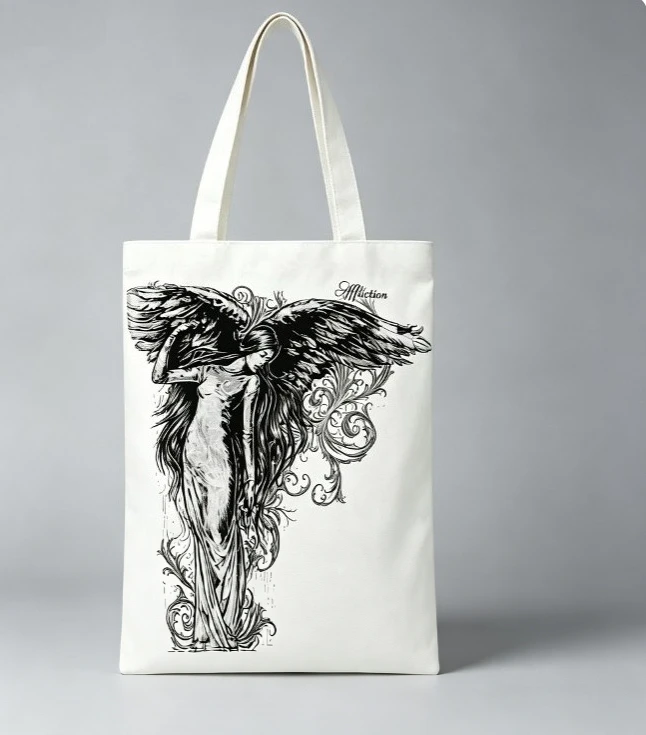 Gothic Dark Angel Print Canvas Tote Bag Vintage Winged Shoulder Shopping Bag Large Capacity Reusable Handbag