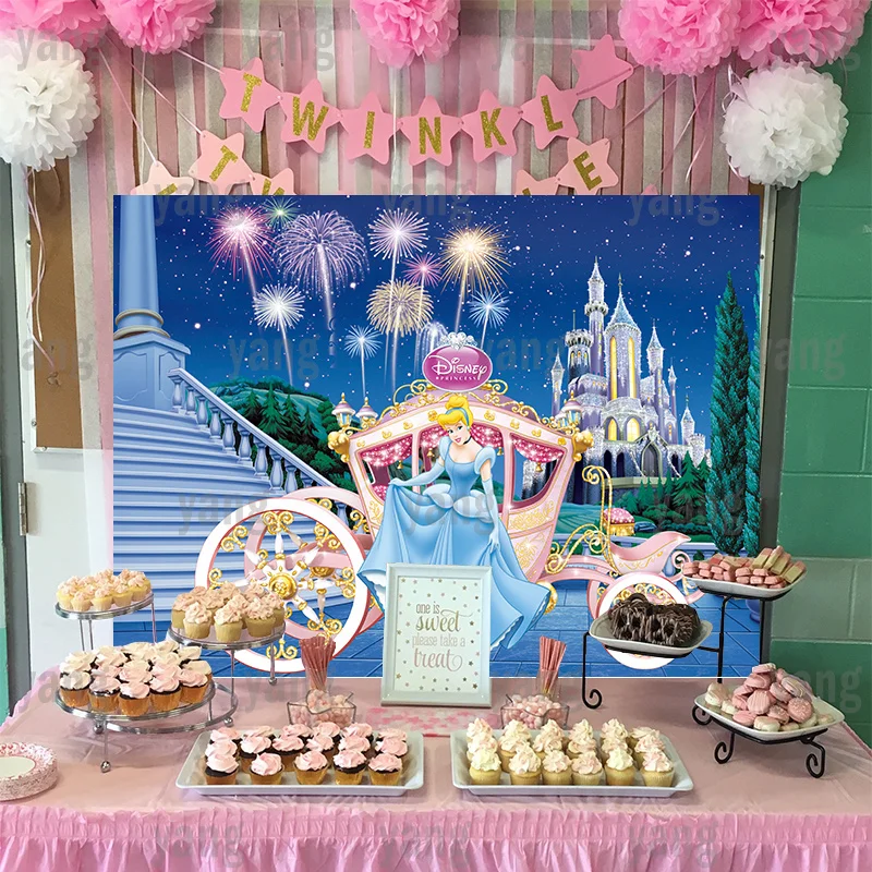 Disney Lovely Cinderella Dreamy Carriage Cartoon Princess Vinyl Backdrop Princess Girls Birthday Party Background Photography