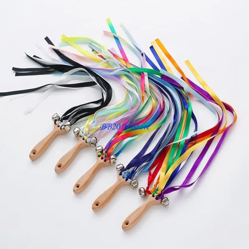 Q0KB Wooden Printed Ribbon Rattle Hand Kite Baby Develop Hearing Recognition Sensory Shower Birthday Gift