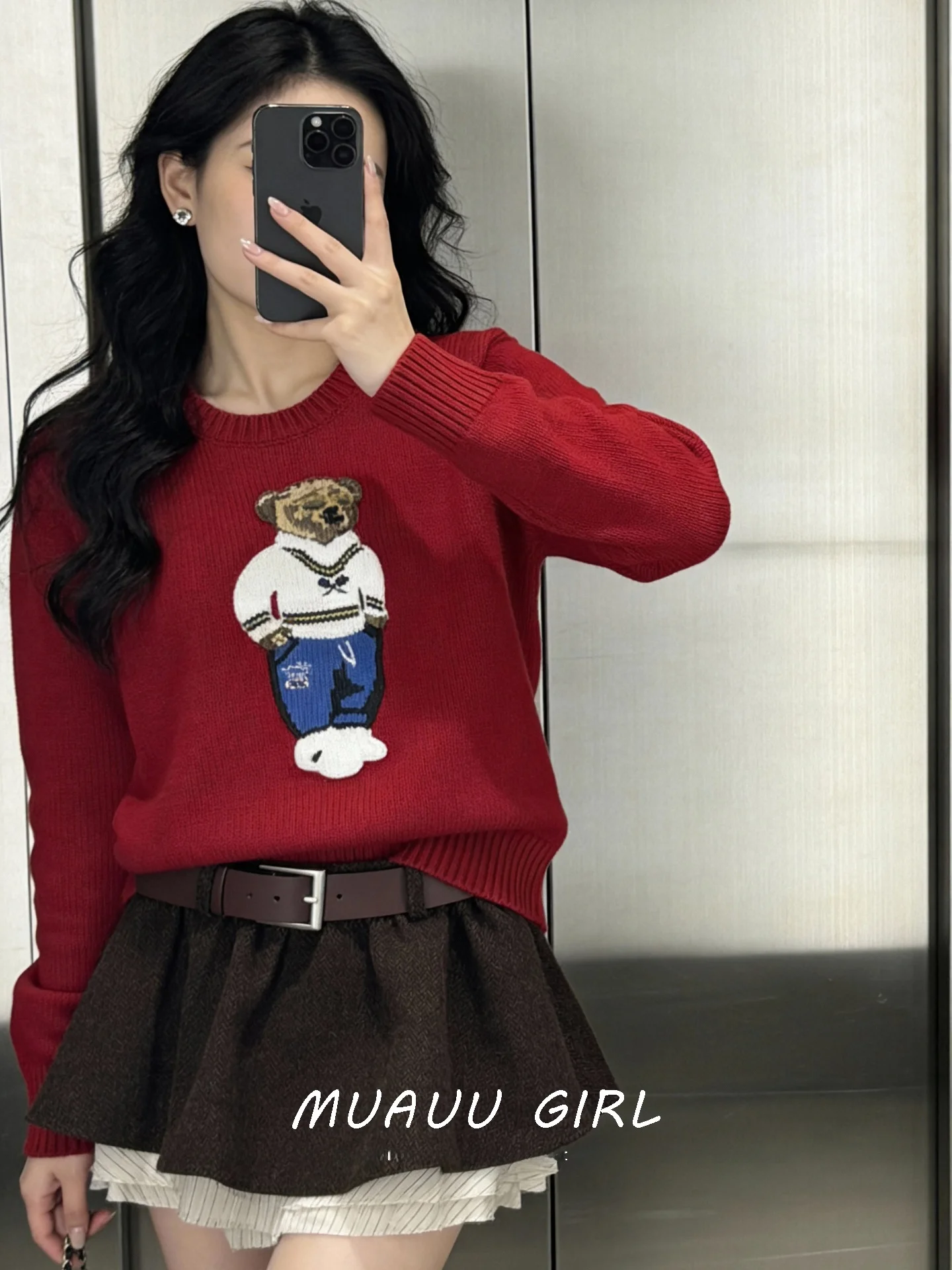 MUAUU GIRL 115 Premium Version 26C Cartoon Bear Embroidery round Neck Knitted Sweater Soft Cotton Breathable for Teenage Girls