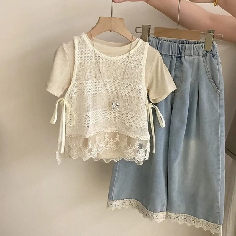 

Girls' set summer new children's hollow lace vest solid color short sleeved lace casual jeans three piece set