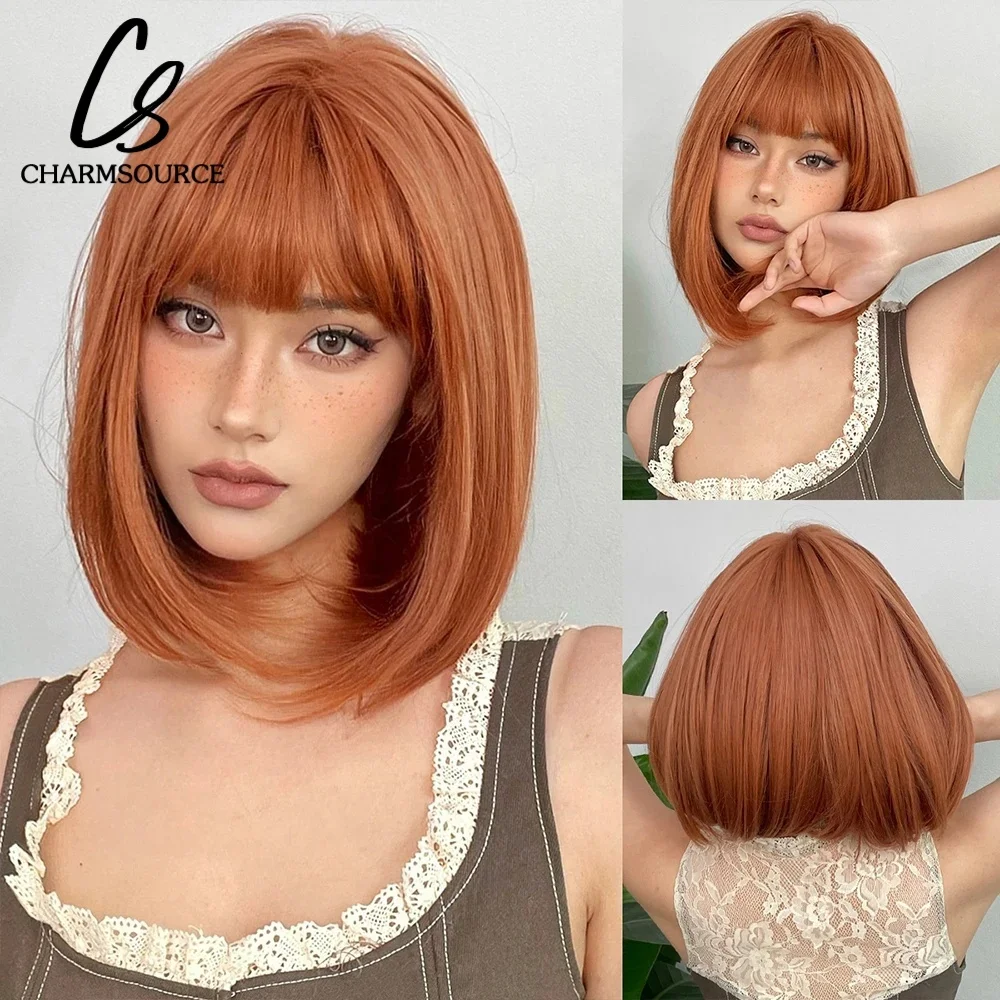 Copper Ginger Short Bob Straight Synthetic Wig with Bangs Heat Resistant Natural Looking Hair for Women Daily Use Cosplay Party